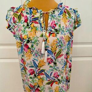 Rose & Olive Floral Print Rayon Blouse Large Ruffle Sleeve